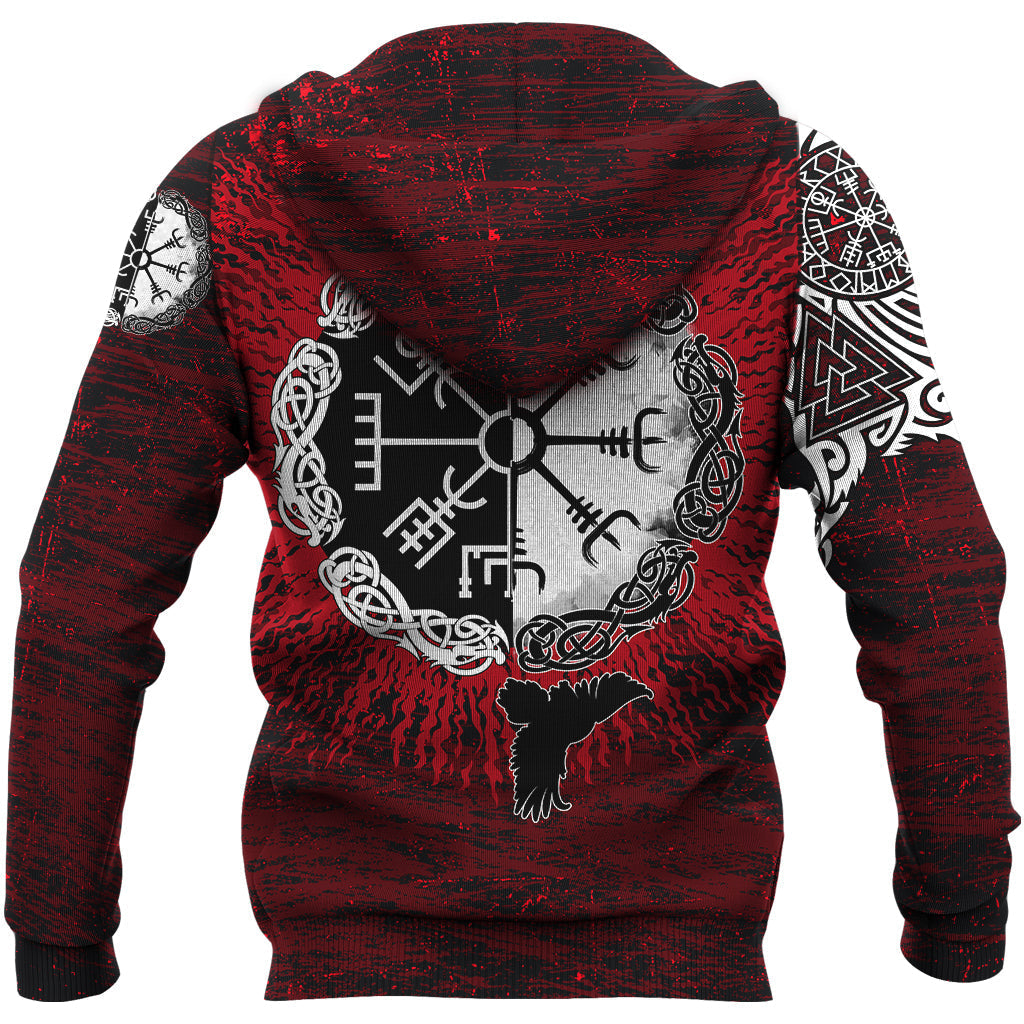 Viking Hoodie Raven Of Odin and Symbol Viking On Blood Background RLT12