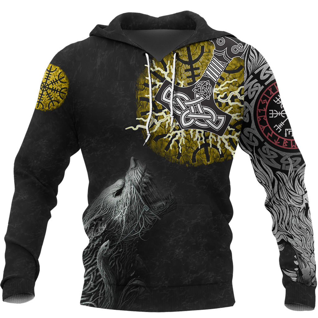 Viking Hoodie Fenrir Fight Mjolnir Of Thor On Helm Of Awe RLT12