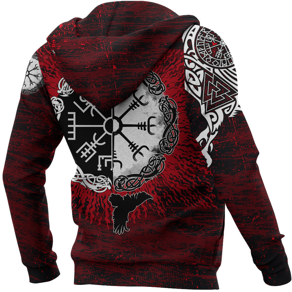 Viking Hoodie Raven Of Odin and Symbol Viking On Blood Background RLT12