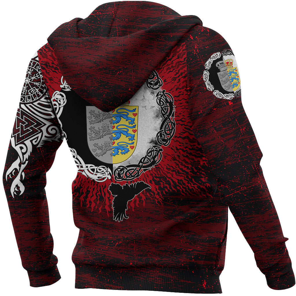 Viking Hoodie Denmark Raven Of Odin and Symbol Viking On Blood Background RLT12