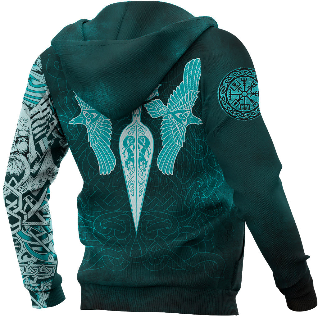 Viking Hoodie Cyan Spear Of The God Odin Gungnir and Two Cyan Ravens Style RLT12
