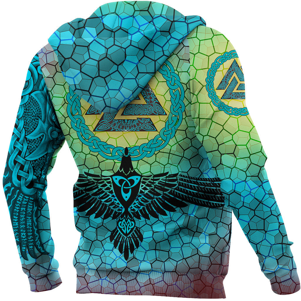 Viking Hoodie Raven Of Odin and Drakkar On Fire On Vignette Cyan Valknut RLT12