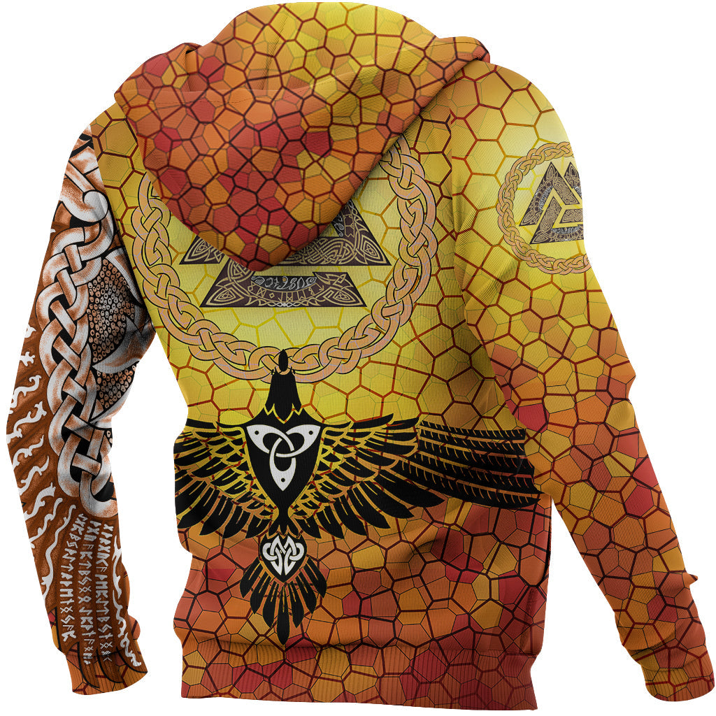 Viking Hoodie Raven Of Odin and Drakkar On Fire On Vignette Gold Valknut RLT12