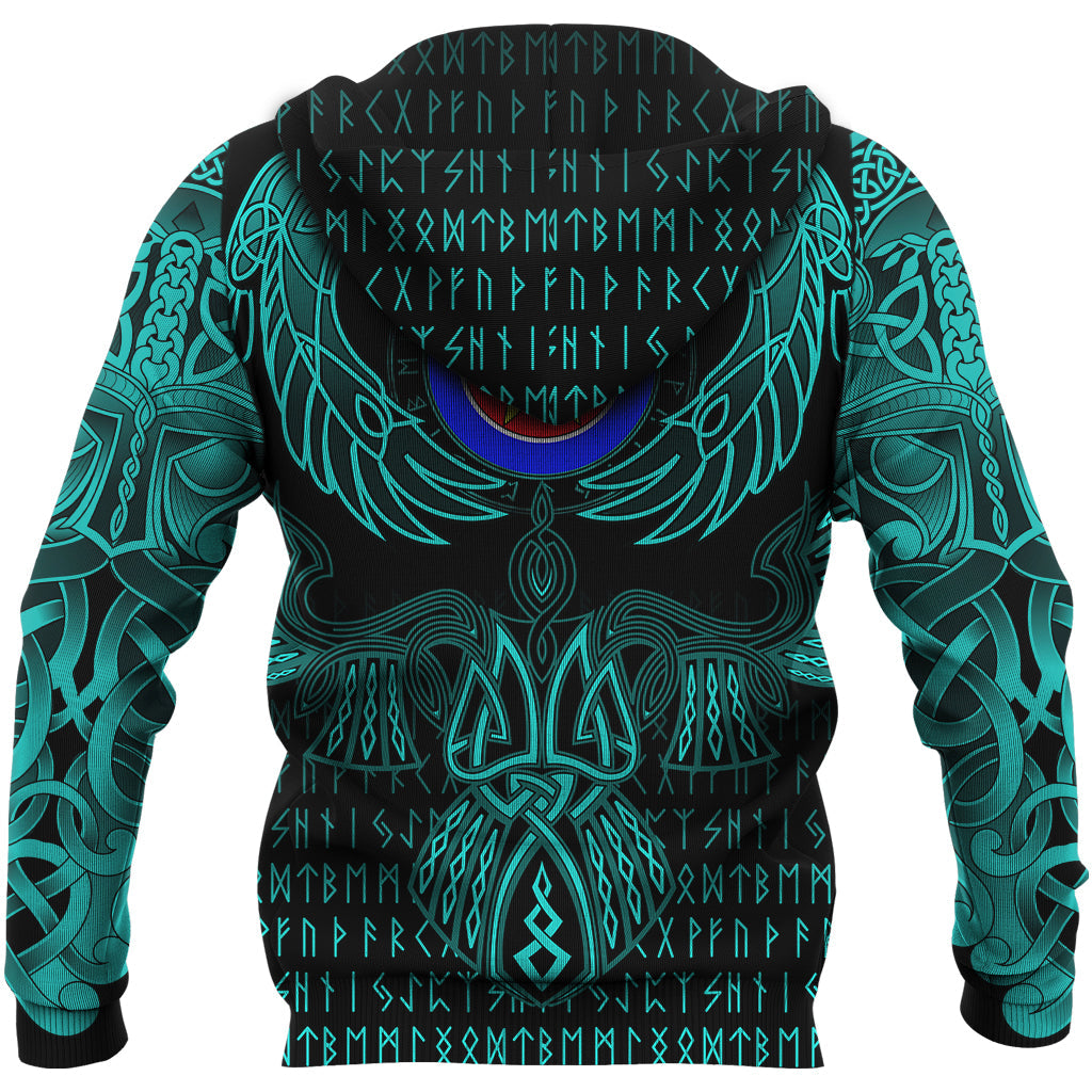 Viking Kven Zip Hoodie Valknut of Odin Cyan RLT12