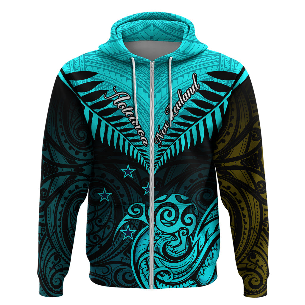 Personalised Aotearoa Hoodie Maori Kiwi Turquoise Fern LT01