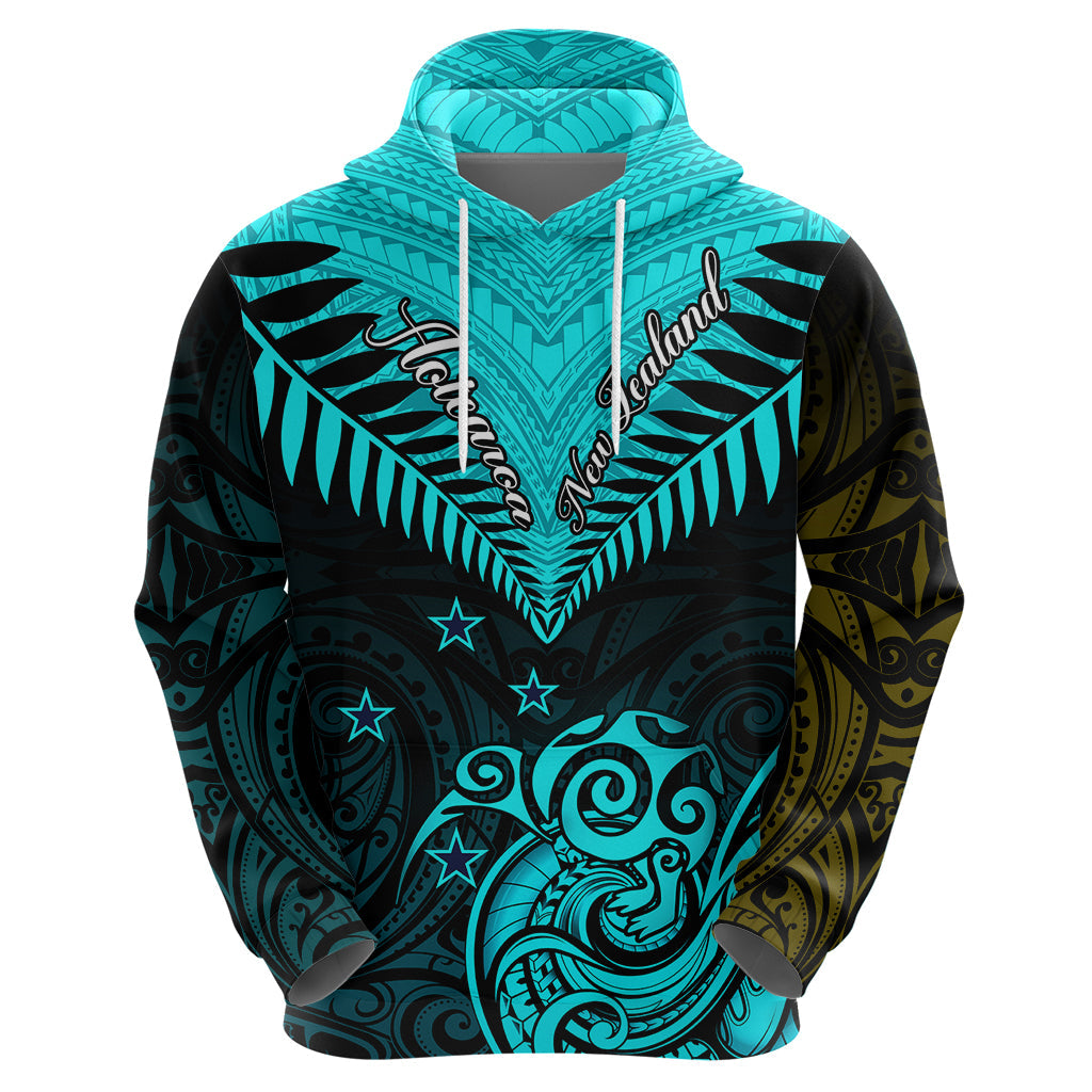 Personalised Aotearoa Hoodie Maori Kiwi Turquoise Fern LT01