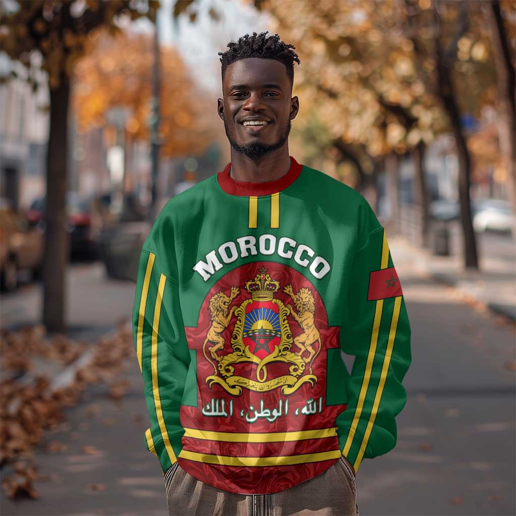 Morocco Proclamation Day Sweatshirt with Marruecos Coat of Arms and Roses Pattern LT01