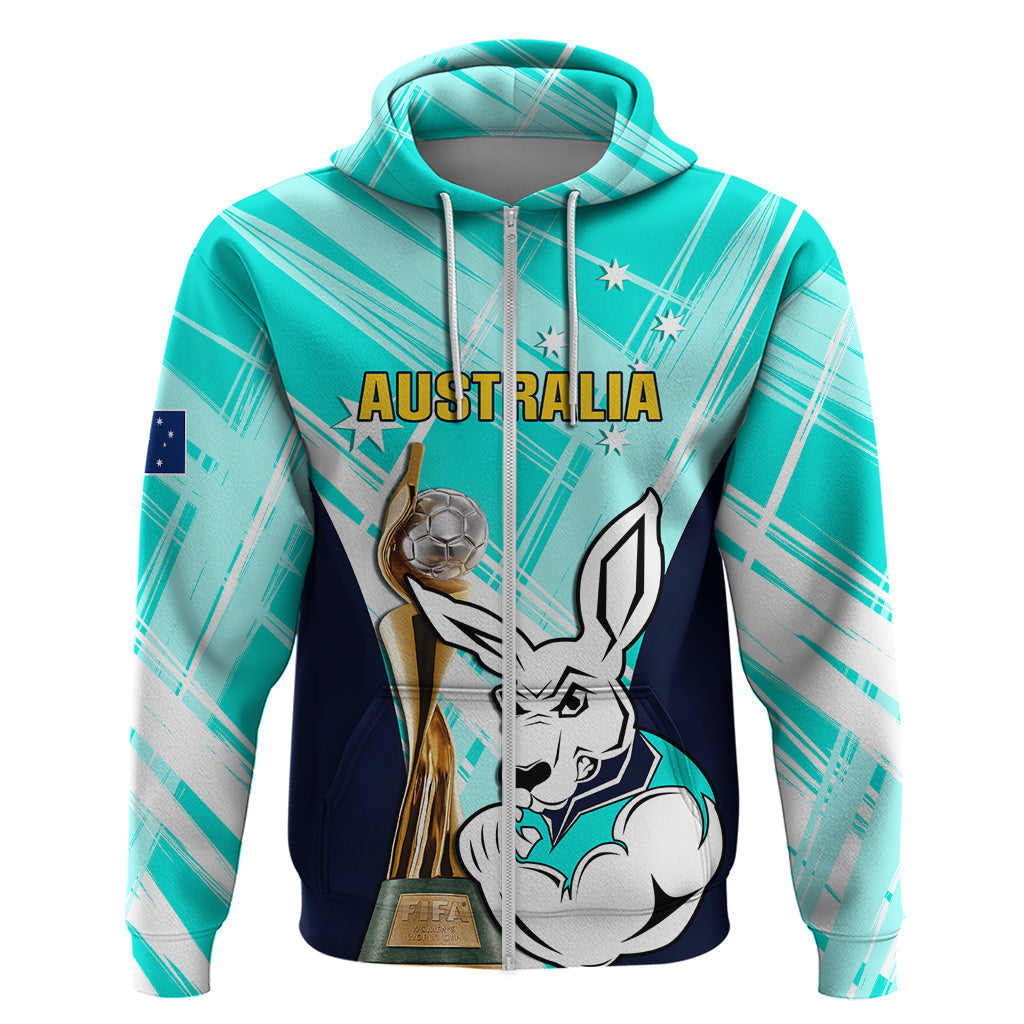 Custom Australia Soccer Hoodie Matildas Kangaroo With World Cup Trophy 2023 Turquoise Version LT01