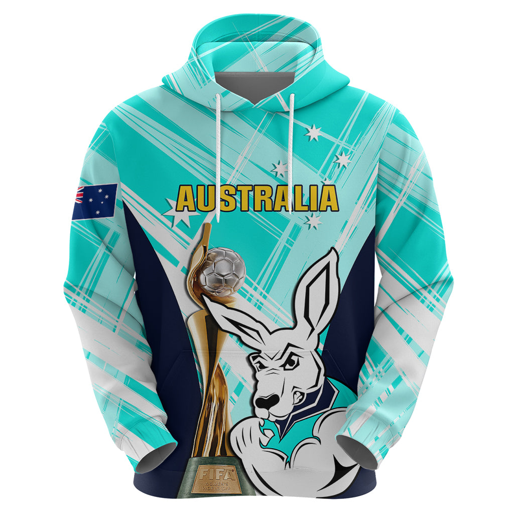 Custom Australia Soccer Hoodie Matildas Kangaroo With World Cup Trophy 2023 Turquoise Version LT01