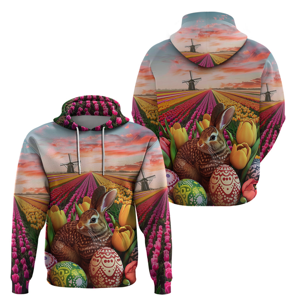 Netherlands Easter 2024 Hoodie Bunny With Tulips Flowers Field LT01