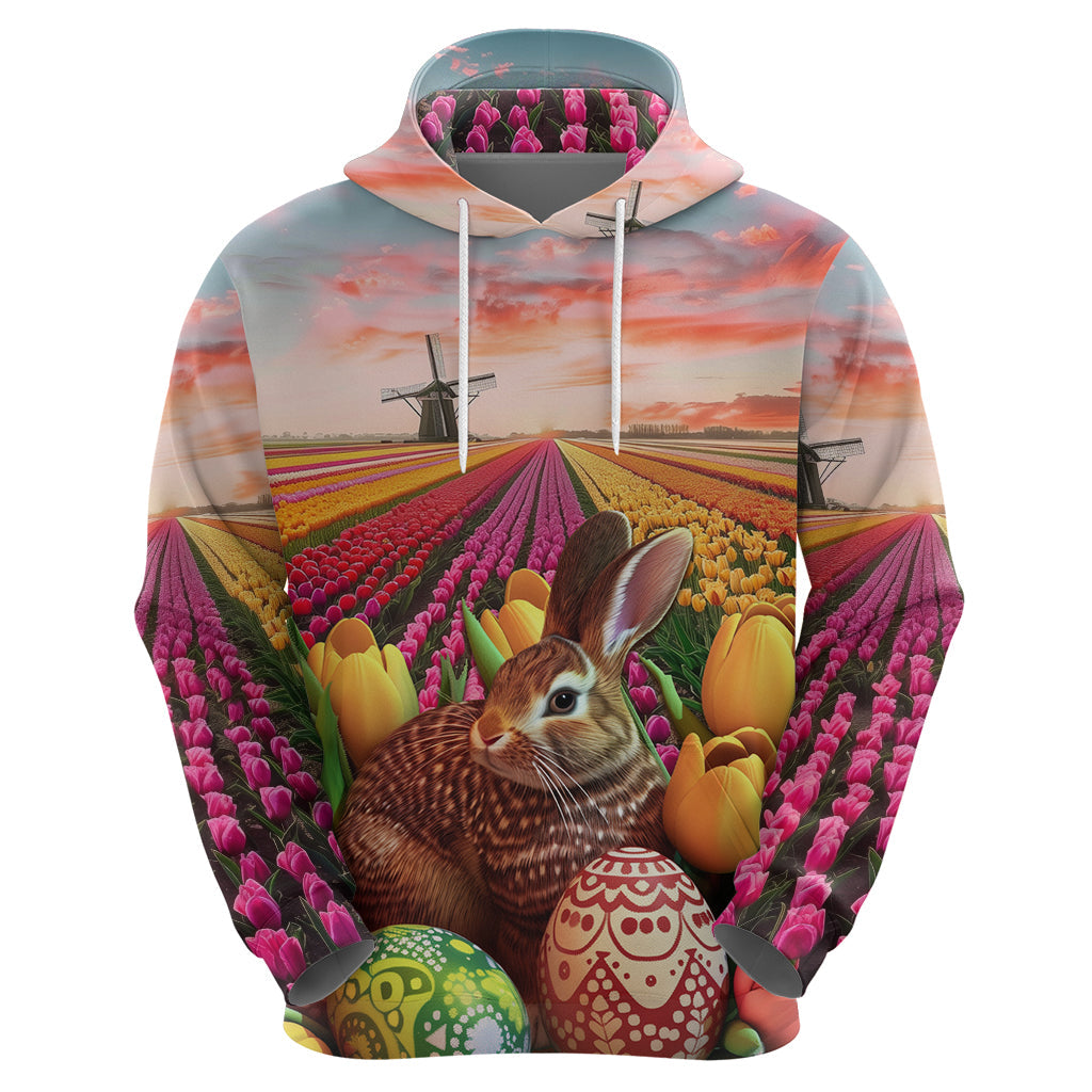 Netherlands Easter 2024 Hoodie Bunny With Tulips Flowers Field LT01
