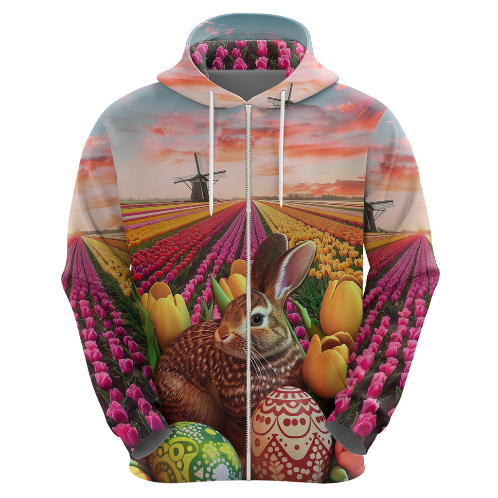 Netherlands Easter 2024 Hoodie Bunny With Tulips Flowers Field LT01
