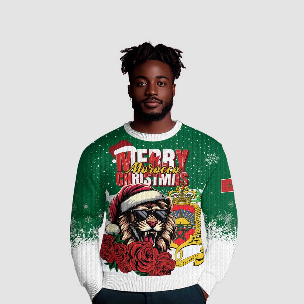 Morocco Christmas Ugly Christmas Sweater Santa Lion With Rose Xmas Vibe LT01