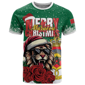 Morocco Christmas T shirt Santa Lion With Rose Xmas Vibe LT01