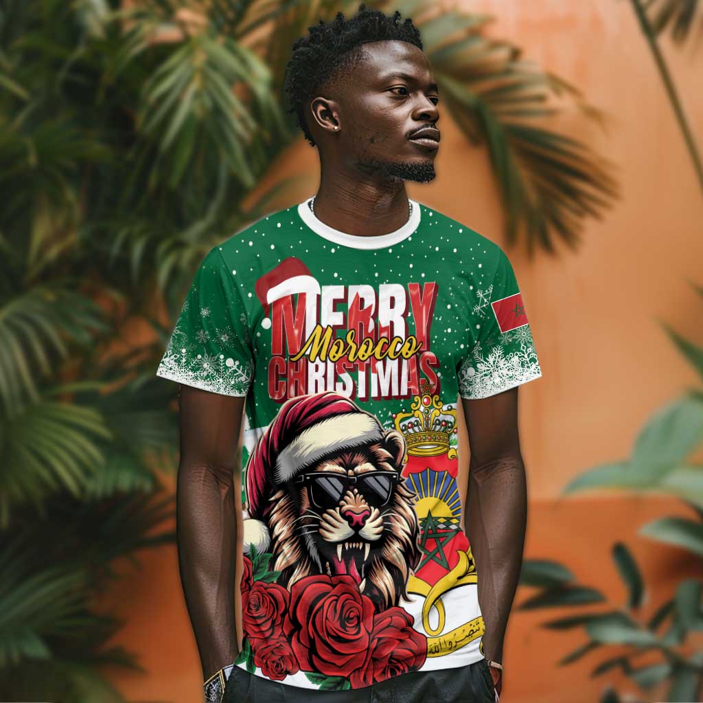 Morocco Christmas T shirt Santa Lion With Rose Xmas Vibe LT01