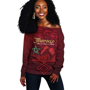 Happy Proclamation of Independence of Morocco Off Shoulder Sweater Barbary Lion's Roar - Fight for Free and Peace LT03