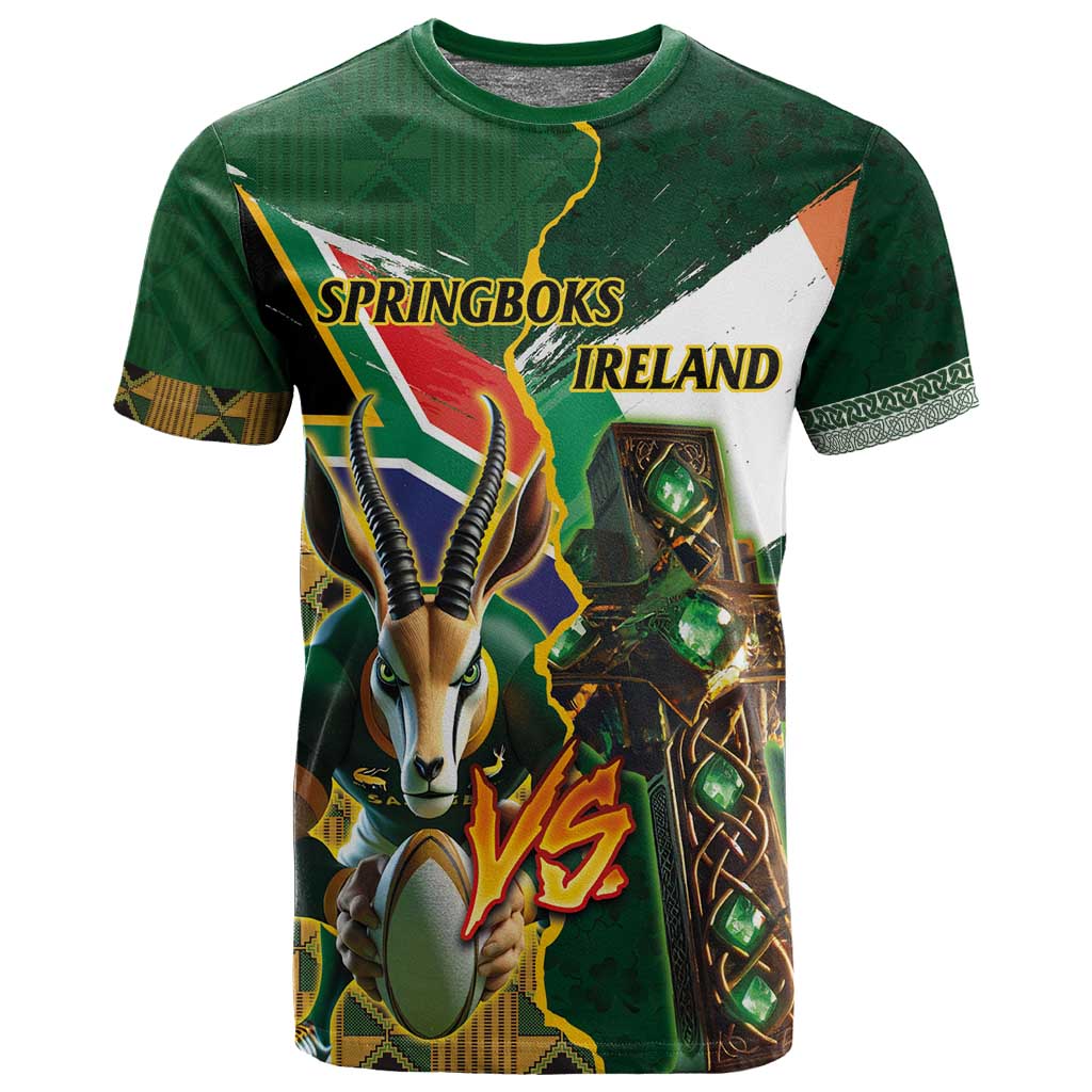 Personalized South Africa Versus Ireland Rugby T shirt - Springbok Mascot, Celtic Cross Design LT03