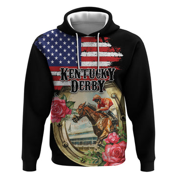Kentucky Horseshoe Racing Rose Hoodie Grunge American Flag Vintage Style LT03