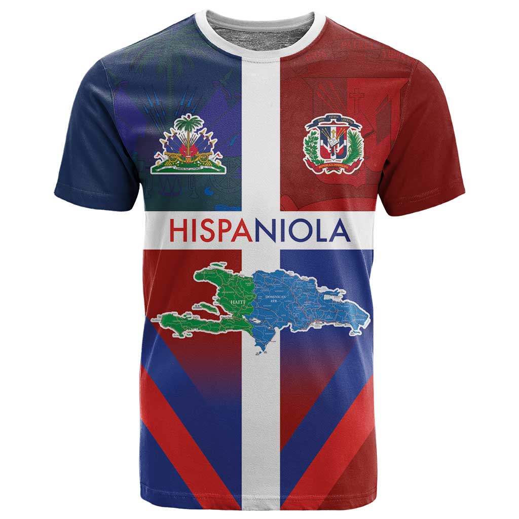 Hispaniola T shirt Haiti and Dominican Republic Emblems and Flag Style LT03