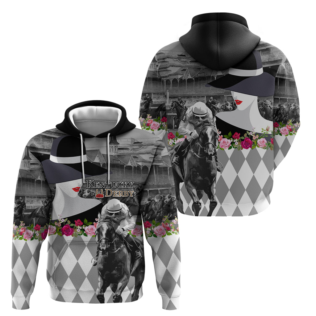 Kentucky Racing Horses Derby Hat Lady Hoodie Churchill Downs and Roses Grayscale LT03
