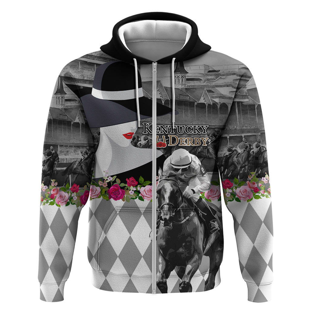 Kentucky Racing Horses Derby Hat Lady Hoodie Churchill Downs and Roses Grayscale LT03
