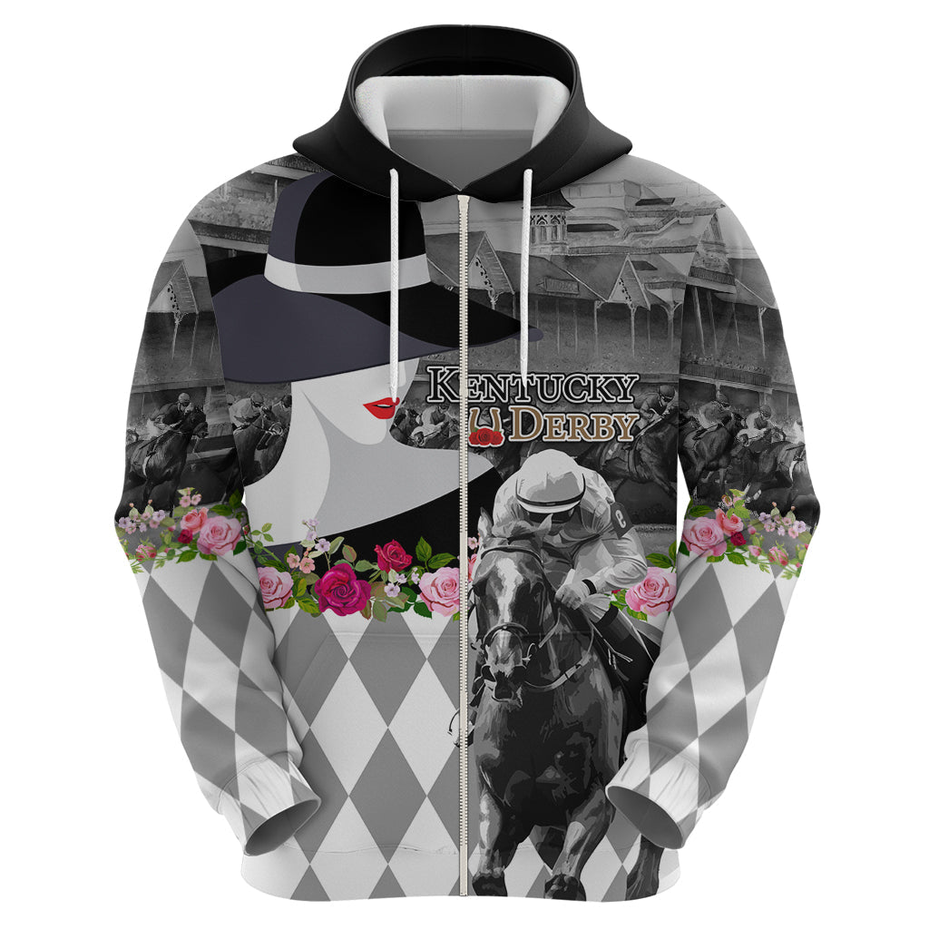 Kentucky Racing Horses Derby Hat Lady Hoodie Churchill Downs and Roses Grayscale LT03