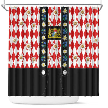Bavaria Traditional Lederhosen Costume Shower Curtain Bavaria Emblem -  Red Plaid Pattern with Edelweiss Flowers LT03