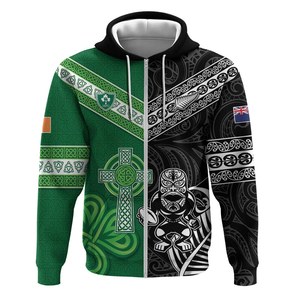 New Zealand And Ireland Rugby Custom Hoodie Maori Tiki With Shamrock LT05