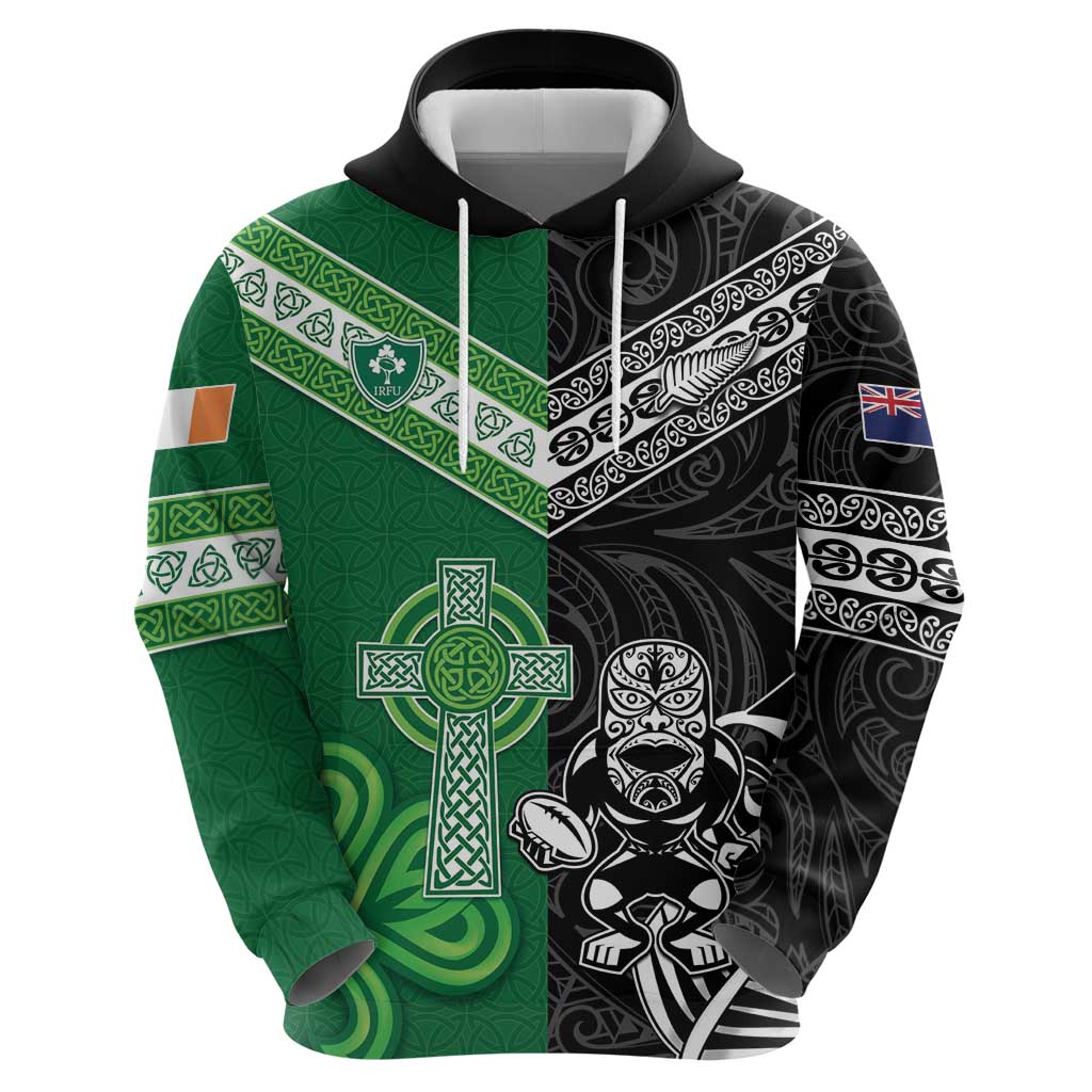 New Zealand And Ireland Rugby Custom Hoodie Maori Tiki With Shamrock LT05