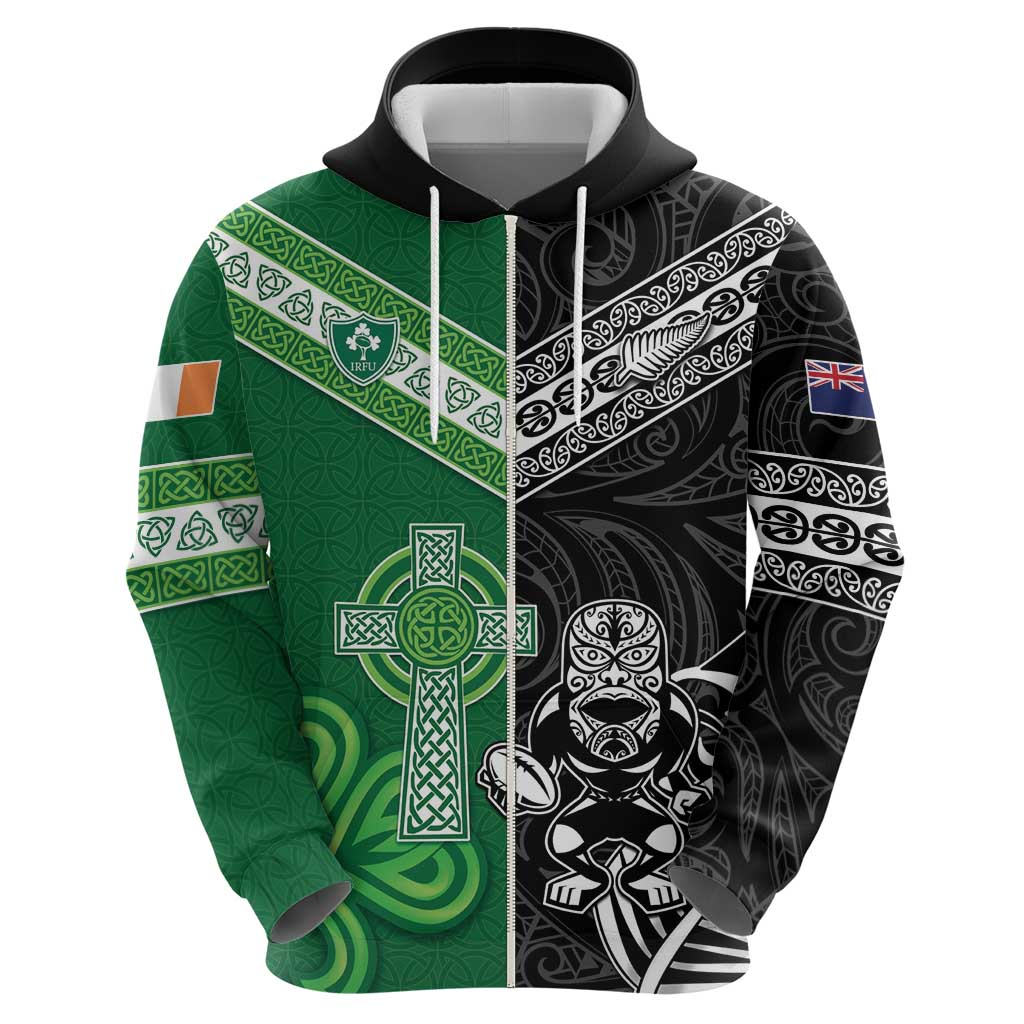 New Zealand And Ireland Rugby Custom Hoodie Maori Tiki With Shamrock LT05