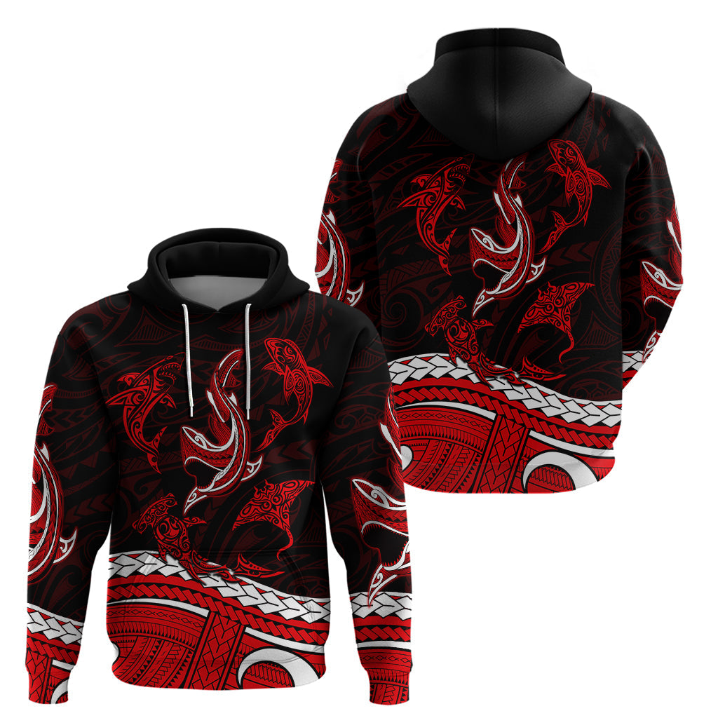 Polynesian Tribal Hoodie with Sharks Tattoo Red LT6