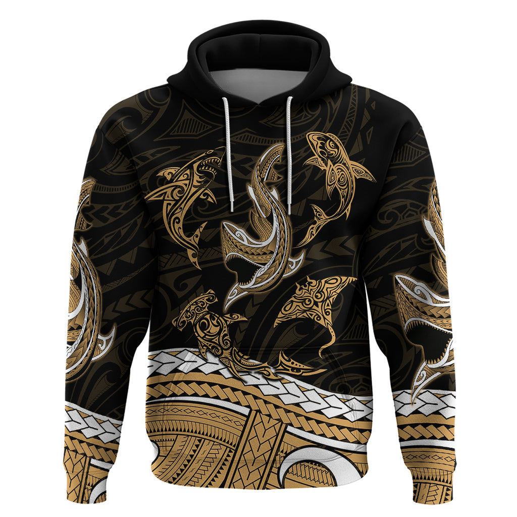 Polynesian Tribal Hoodie with Sharks Tattoo Gold LT6