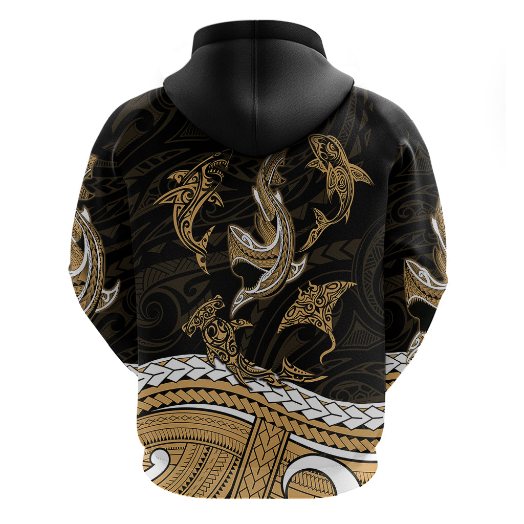 Polynesian Tribal Hoodie with Sharks Tattoo Gold LT6