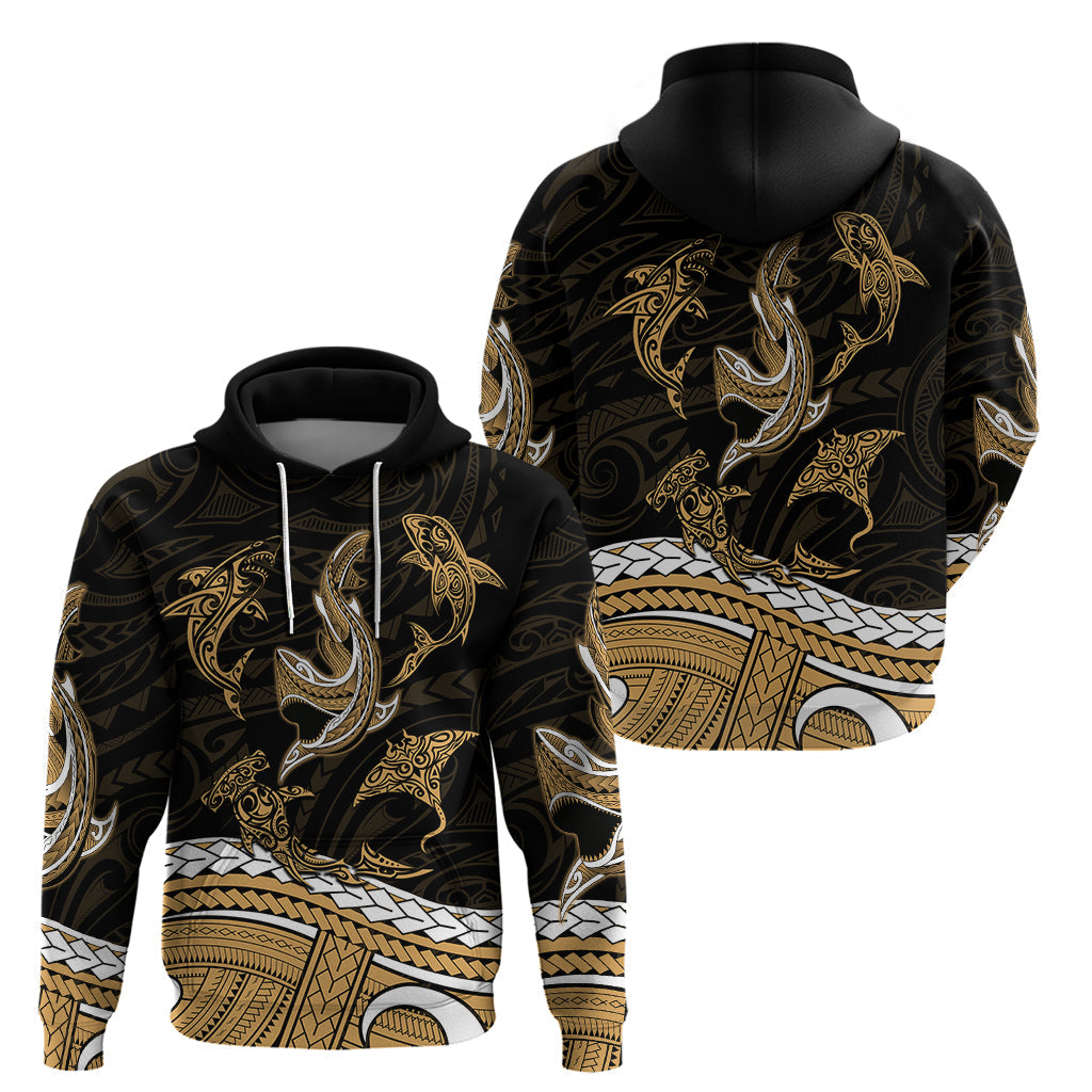 Polynesian Tribal Hoodie with Sharks Tattoo Gold LT6
