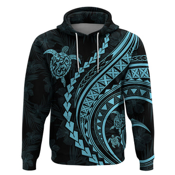 Polynesian Pride Hoodie Turtle Hibiscus Luxury Style - Aquamarine LT7