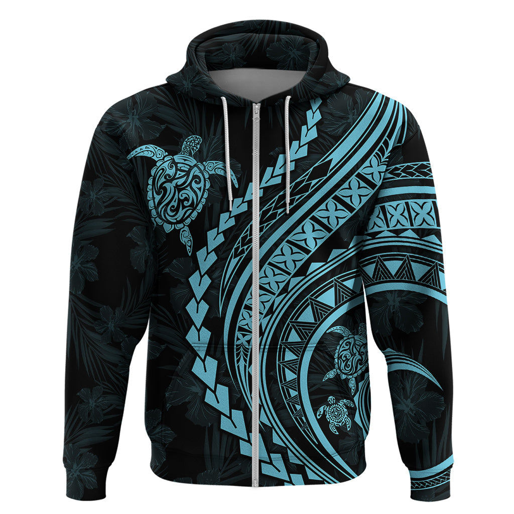 Polynesian Pride Hoodie Turtle Hibiscus Luxury Style - Aquamarine LT7