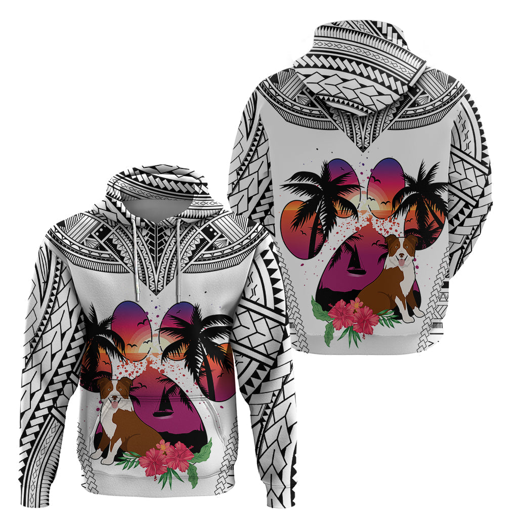 Polynesian Hoodie Dog Lover With Border Collie - Sunset At The Beach White Ver LT7
