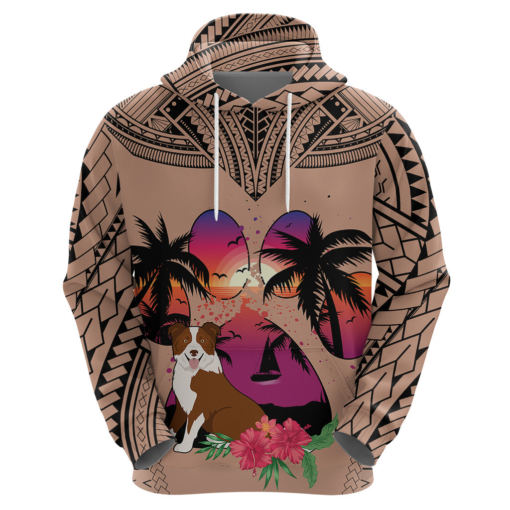 Polynesian Hoodie Dog Lover With Border Collie - Sunset At The Beach Brown Ver LT7