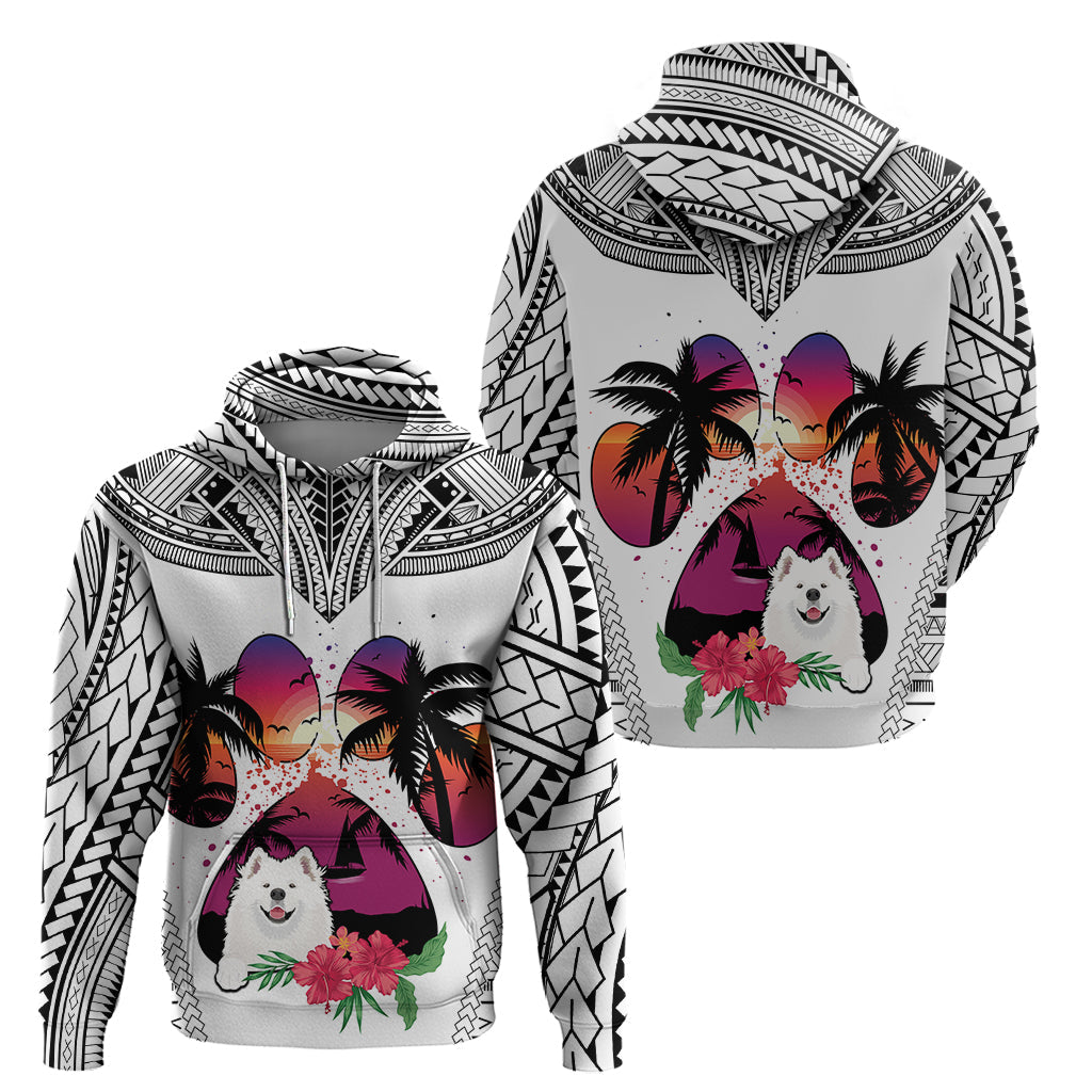 Polynesian Hoodie Dog Lover With Samoyed - Sunset At The Beach White Ver LT7
