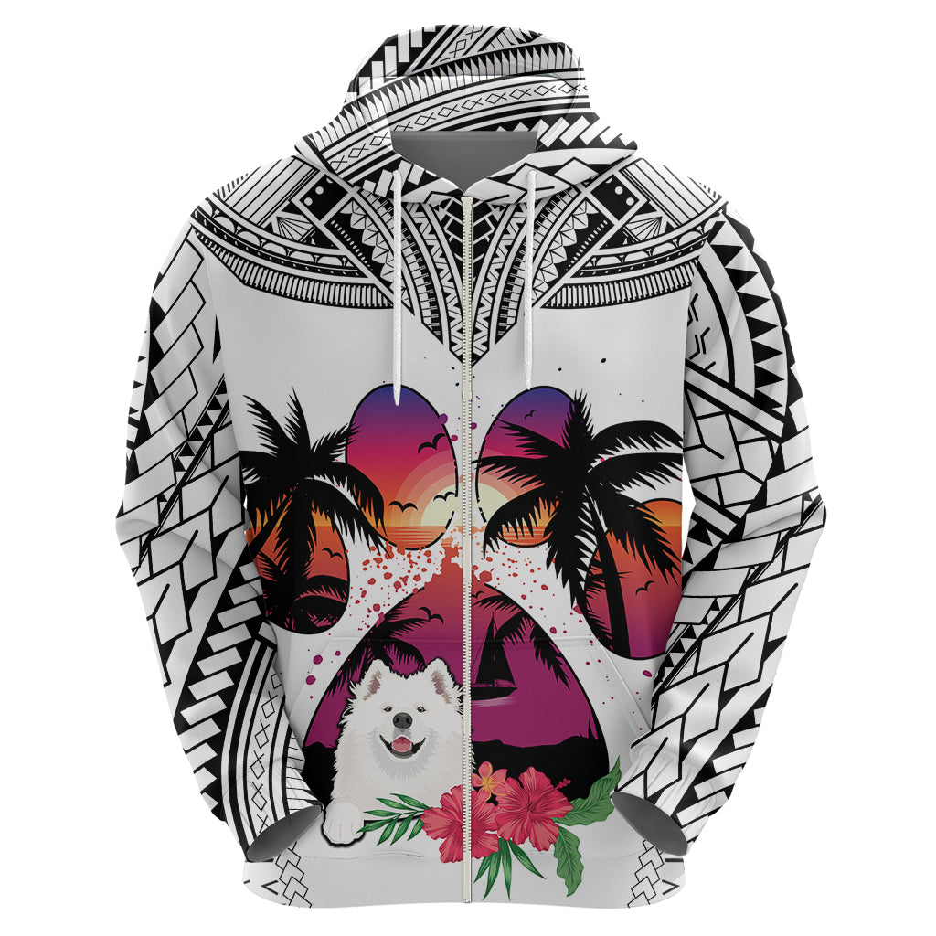 Polynesian Hoodie Dog Lover With Samoyed - Sunset At The Beach White Ver LT7