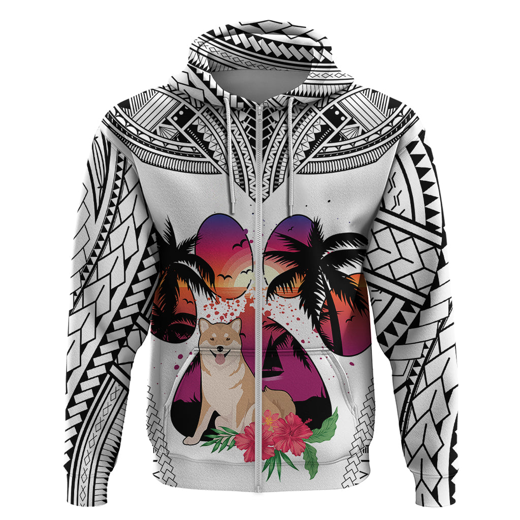 Polynesian Hoodie Dog Lover With Shiba Inu - Sunset At The Beach White Ver LT7