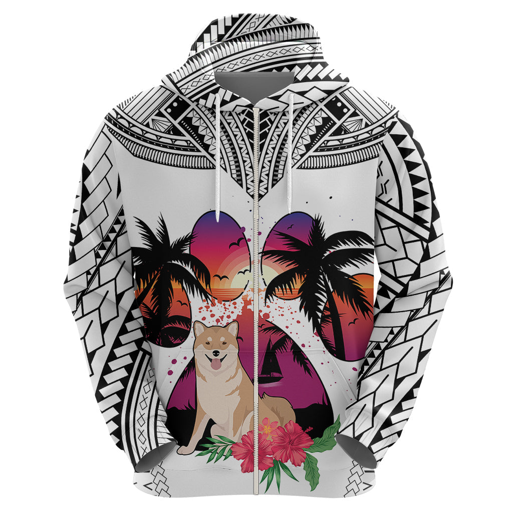 Polynesian Hoodie Dog Lover With Shiba Inu - Sunset At The Beach White Ver LT7