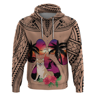 Polynesian Hoodie Dog Lover With Shiba Inu - Sunset At The Beach Brown Ver LT7
