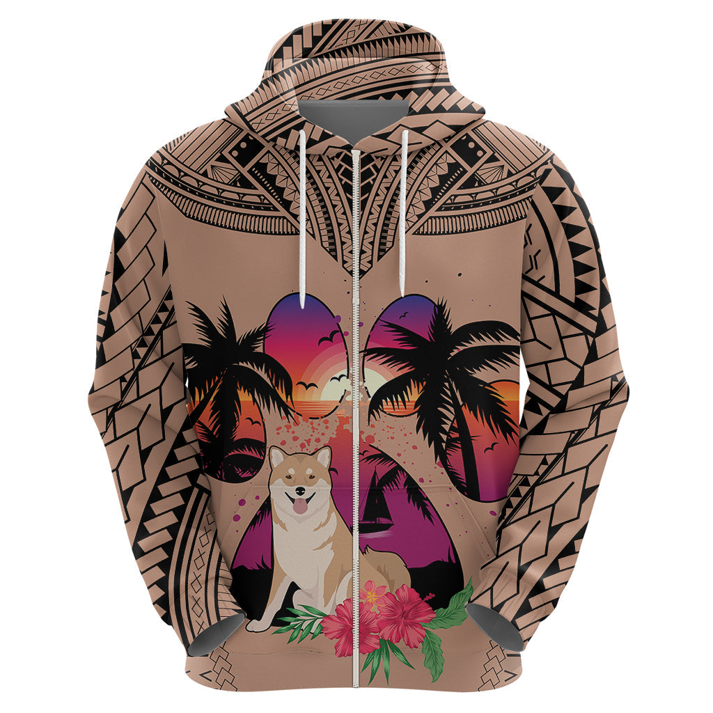 Polynesian Hoodie Dog Lover With Shiba Inu - Sunset At The Beach Brown Ver LT7