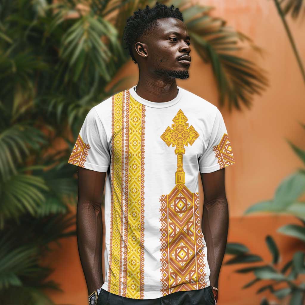 Habesha Motifs Ethiopia T shirt Tilet White Gold LT7