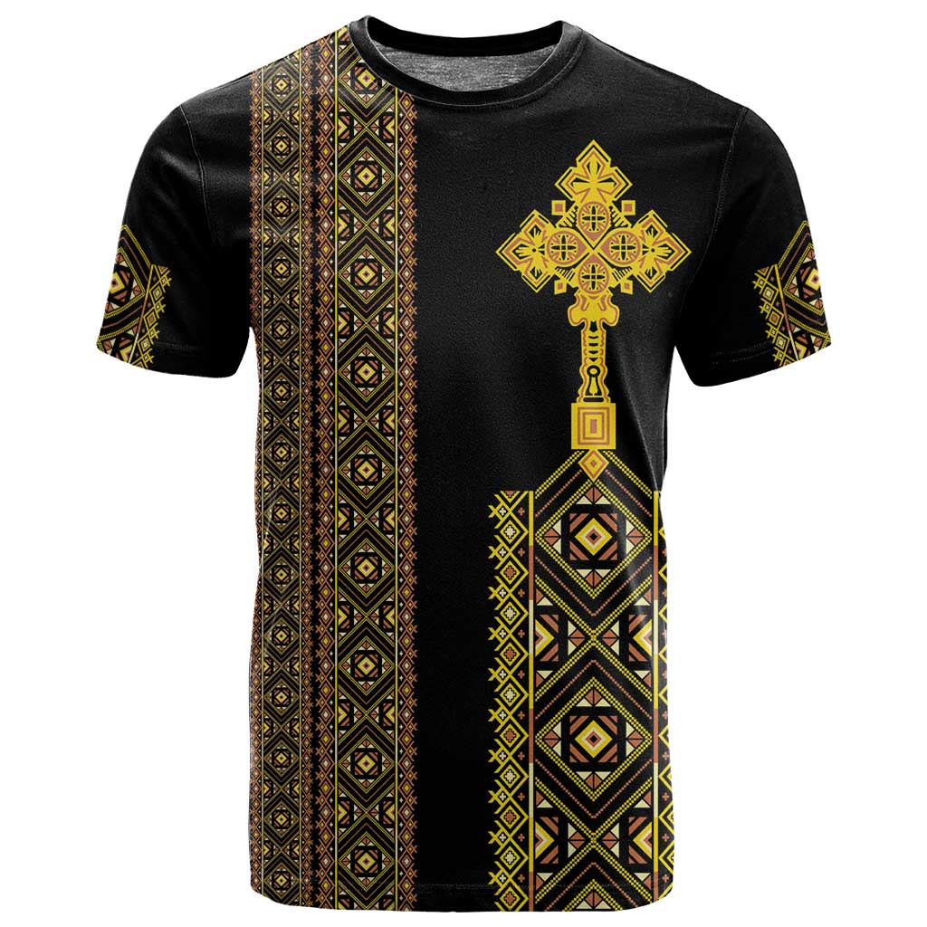 Habesha Motifs Ethiopia T shirt Tilet Black Gold LT7