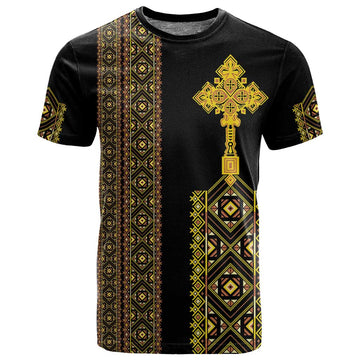 Habesha Motifs Ethiopia T shirt Tilet Black Gold LT7