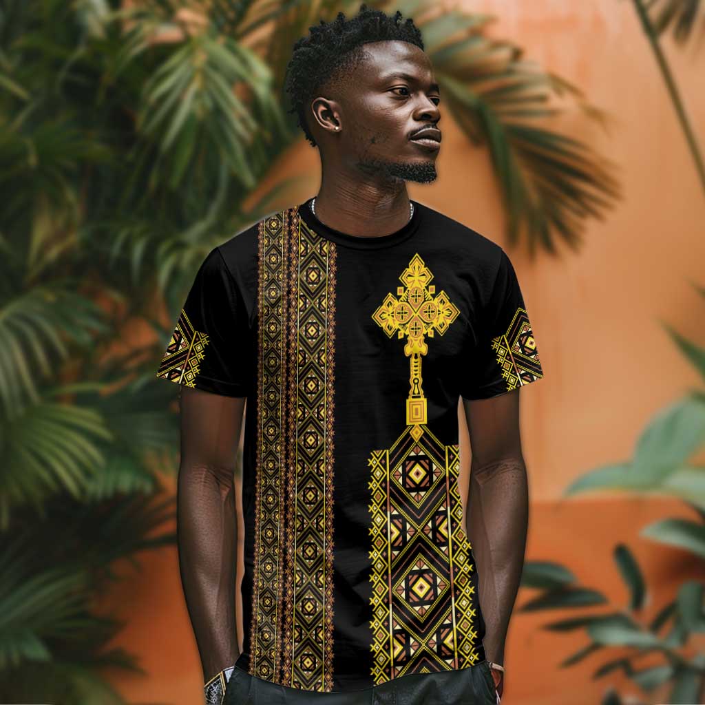 Habesha Motifs Ethiopia T shirt Tilet Black Gold LT7