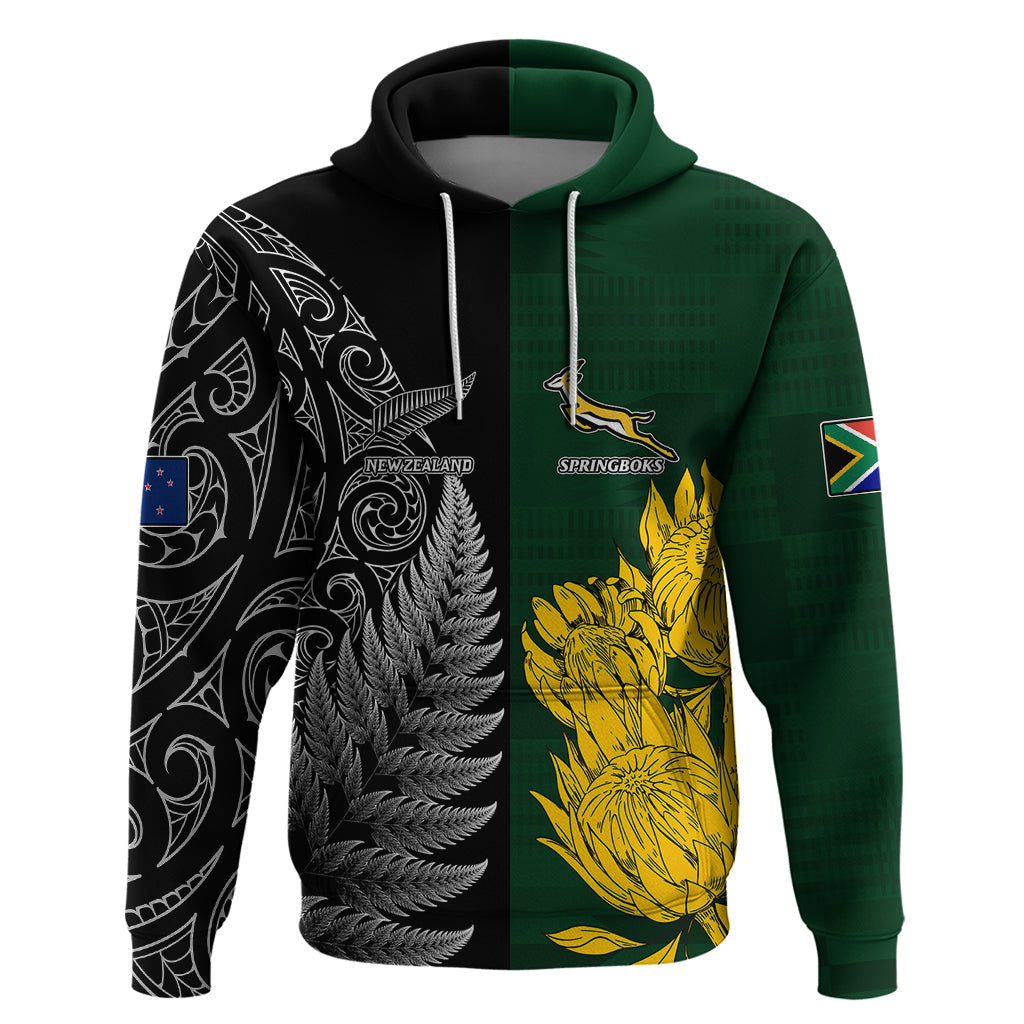 Personalised New Zealand Mix South Africa Rugby Hoodie Protea Vs. Silver Ferns LT7