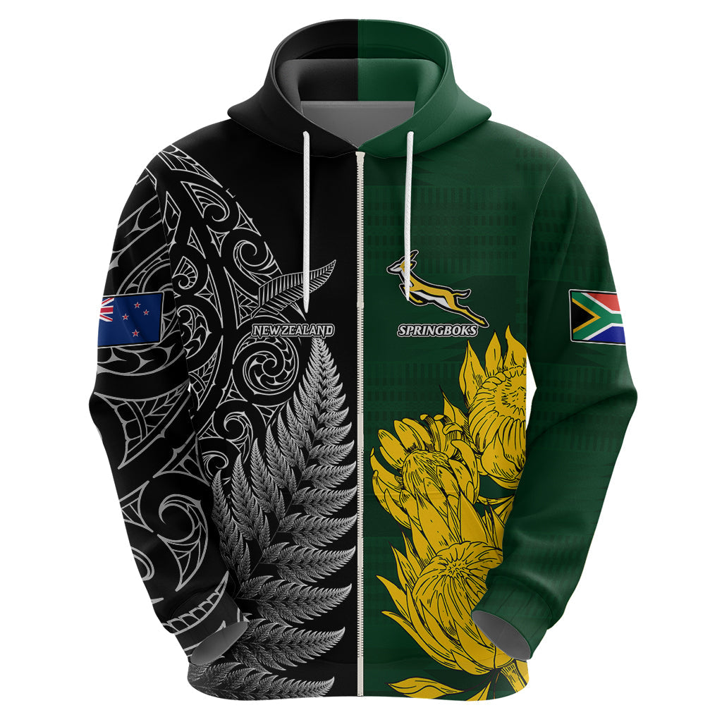 Personalised New Zealand Mix South Africa Rugby Hoodie Protea Vs. Silver Ferns LT7